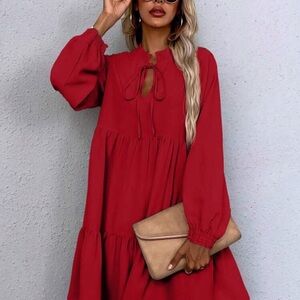 SHEIN NEW tie neck lantern sleeve smock dress 12/XL